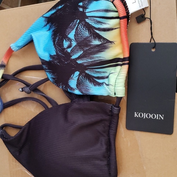 KOJOOIN Triangle High Cut Tie Side Thong Bikini Set Blue Rainbow Palm SZ L - Picture 5 of 10